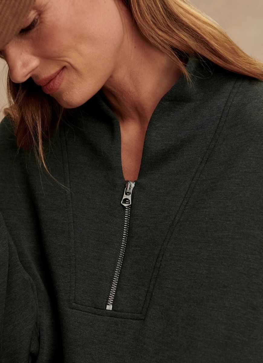 Varley Davidson Sweatshirt in Olive Marl Close Up View of Zipper