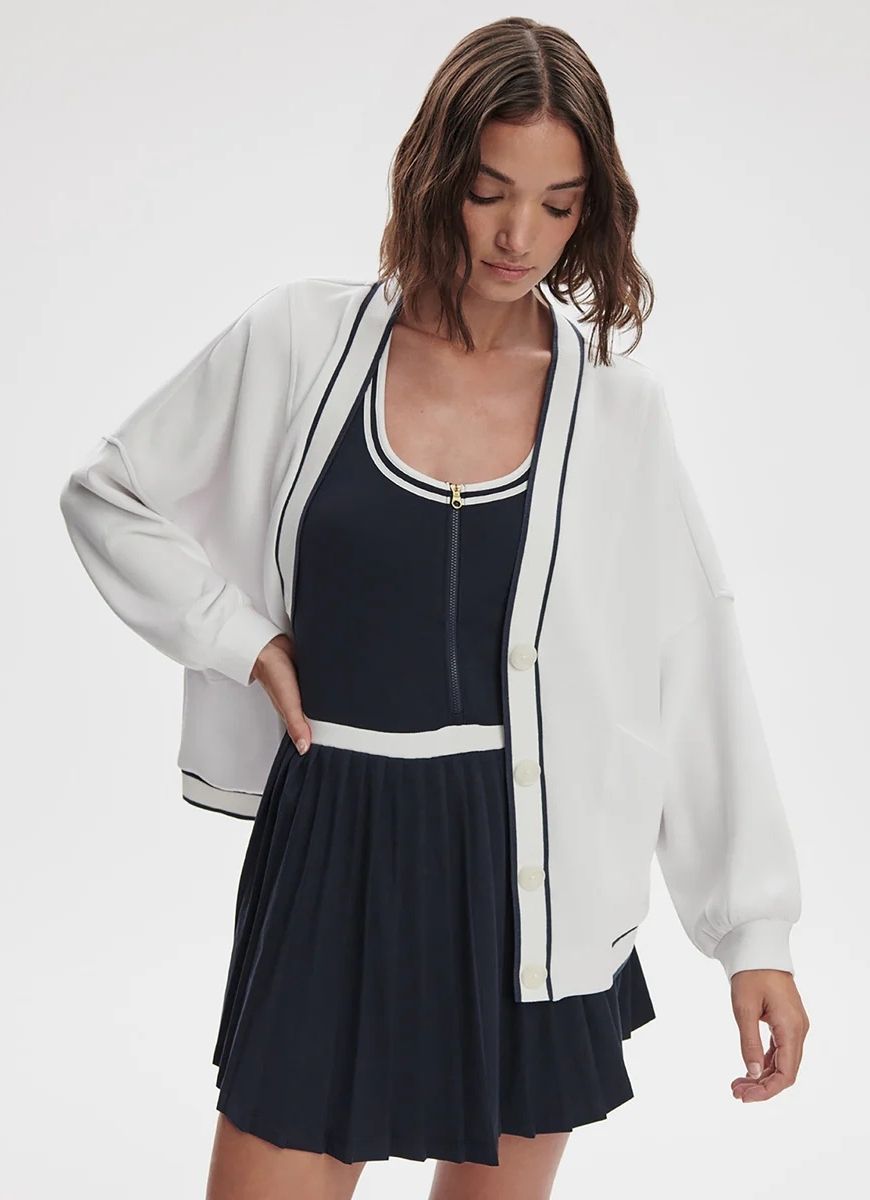 Varley Decker Off-Court Cardigan in White Front View Unbuttoned