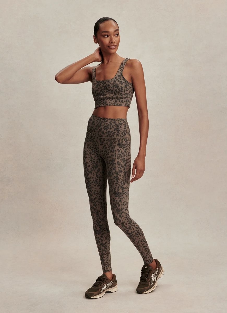 Varley Freesoft Cori Sports Bra in Brown Contrast Cheetah Full Length Front View