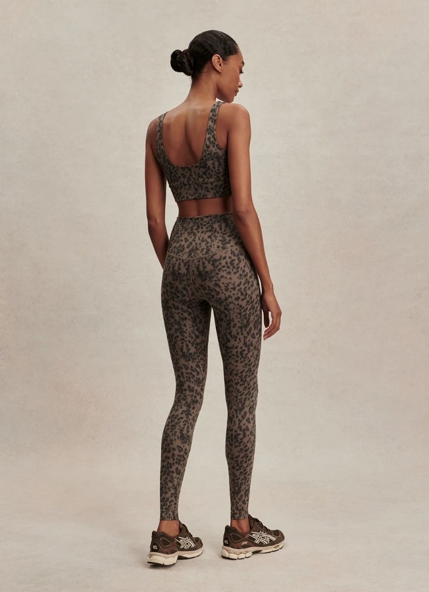 Varley Freesoft Cori Sports Bra in Brown Contrast Cheetah Full Length Back View