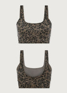Varley Freesoft Cori Sports Bra in Brown Contrast Cheetah Product Shot View Showing the Front and the Back