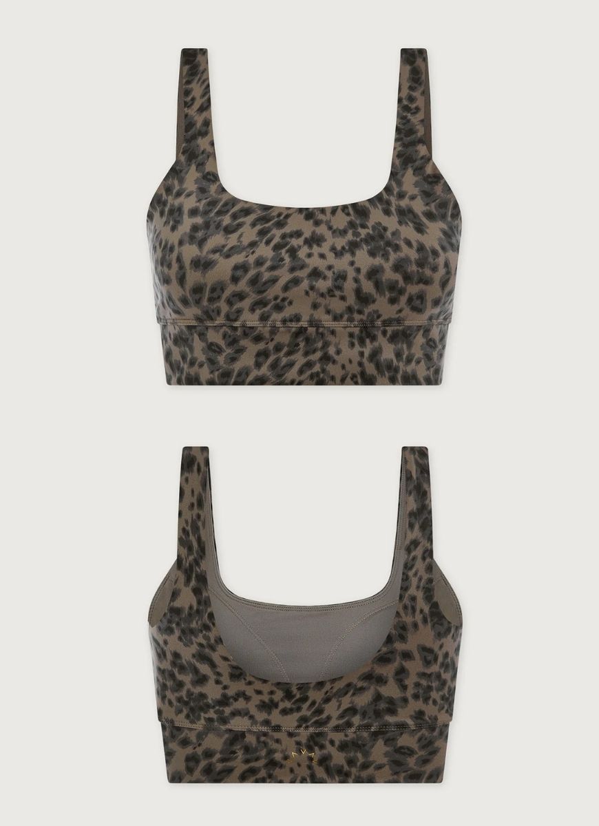 Varley Freesoft Cori Sports Bra in Brown Contrast Cheetah Product Shot View Showing the Front and the Back