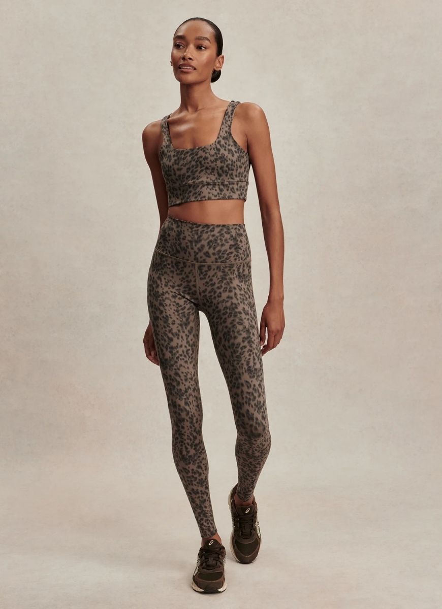 Varley Freesoft High Rise Legging 25” in Brown Contrast Cheetah Full Length Front View