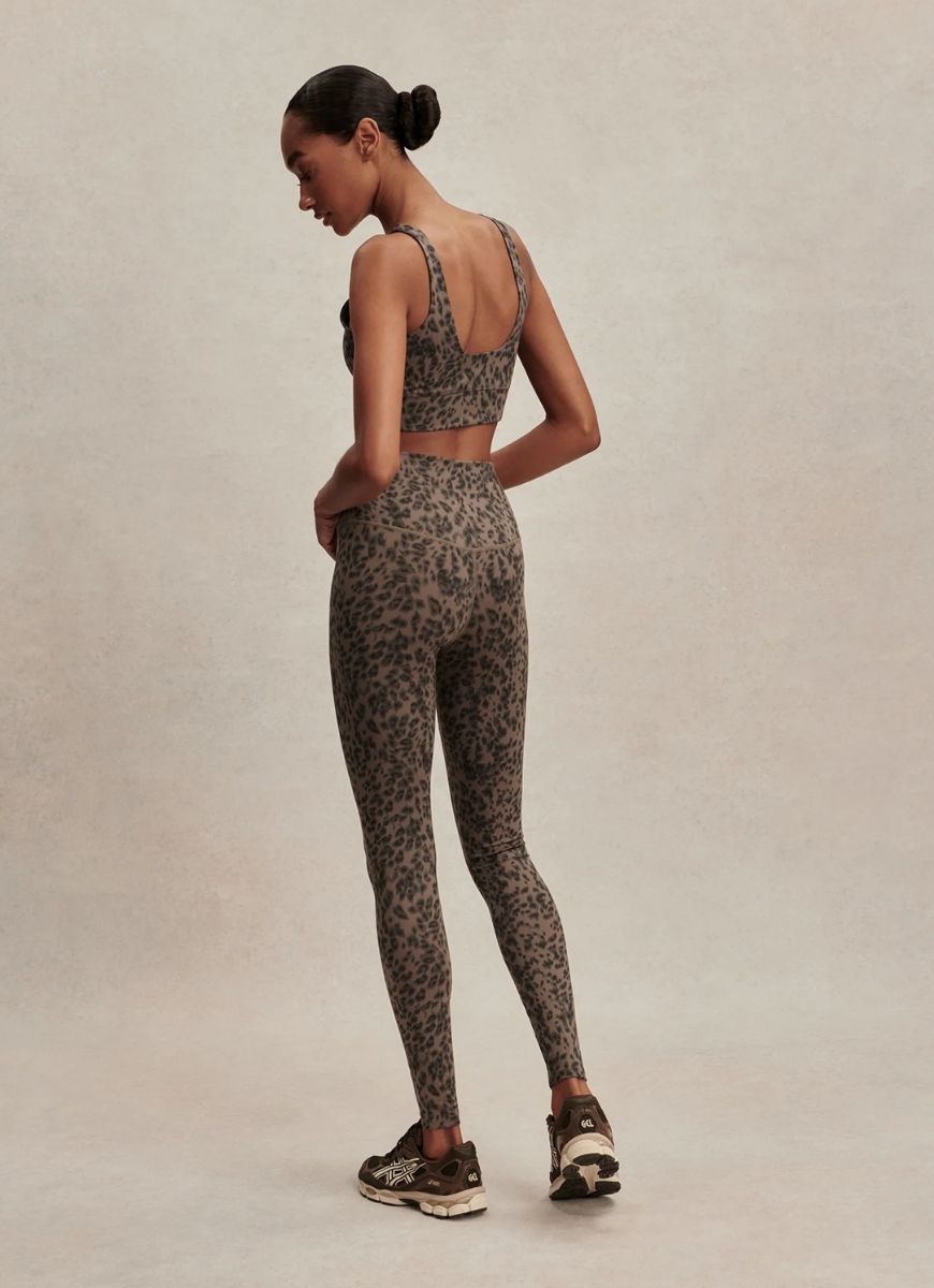 Varley Freesoft High Rise Legging 25” in Brown Contrast Cheetah Full Length Back View