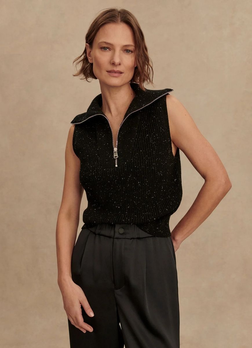 Varley Hally Half Zip Rib Vest in Black Fleck Front View