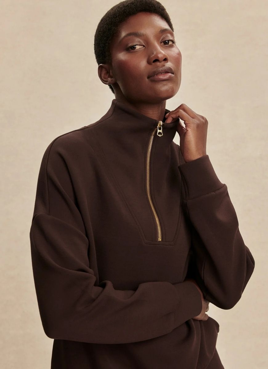 Varley Hawley Half Zip Sweatshirt in Coffee Bean Front View Shown Zipped Up