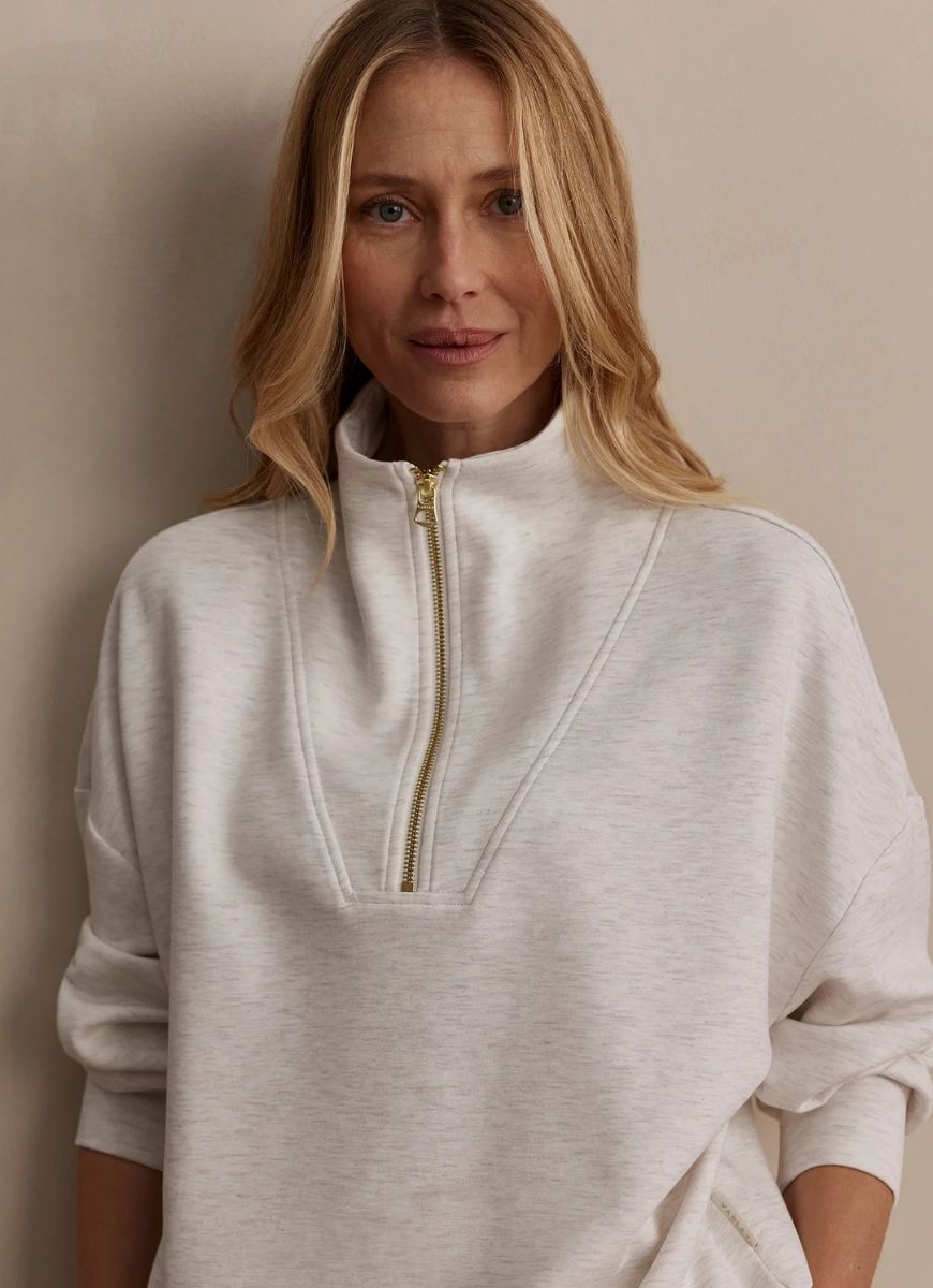 Varley Hawley Half Zip Sweat in Ivory Marl Close Up Front View