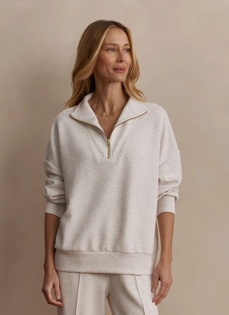 Varley Hawley Half Zip Sweat in Ivory Marl Front View