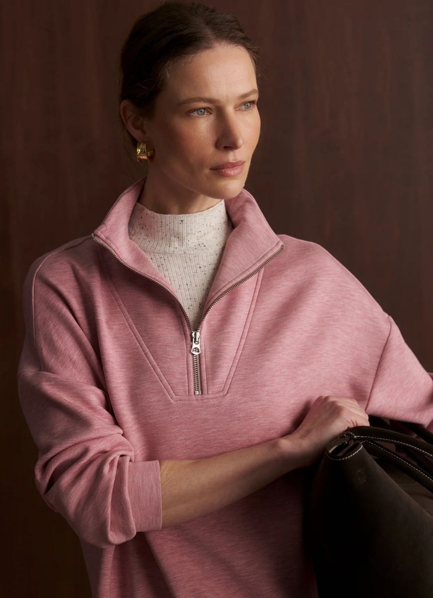 Varley Hawley Half Zip Sweatshirt in Rose Marl Close Up Front View