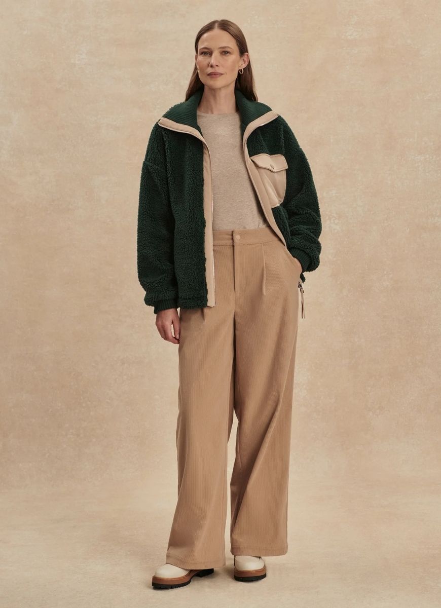 Varley Lowell Sherpa Jacket in Pine Grove Full Length Front View Unzipped