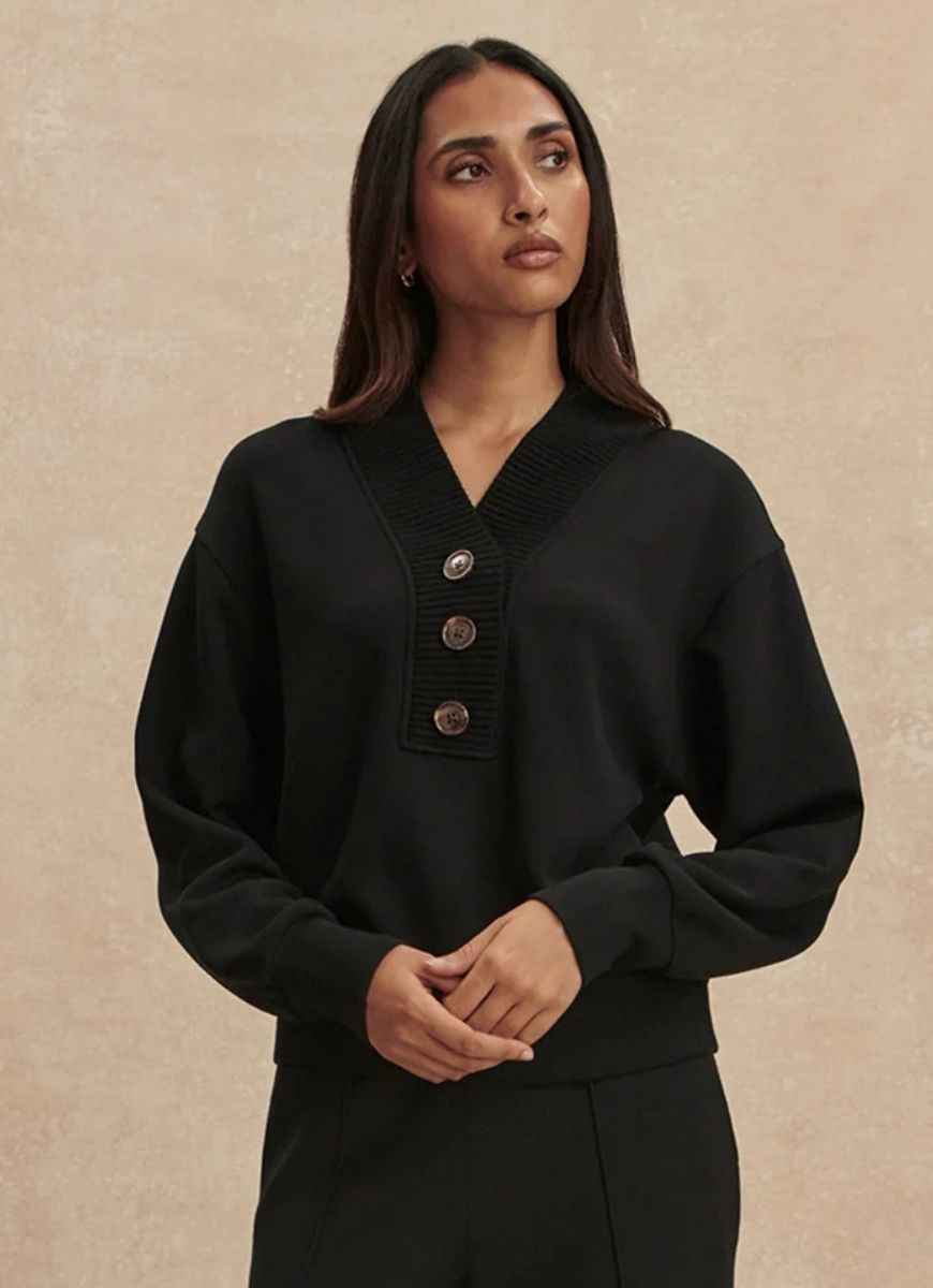Varley Lucine Button Front Sweatshirt in Black Front View