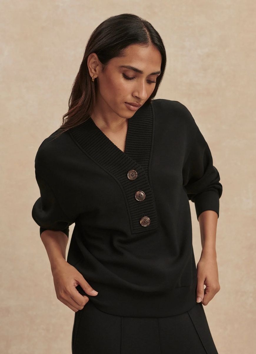 Varley Lucine Button Front Sweatshirt in Black Close Up Front View