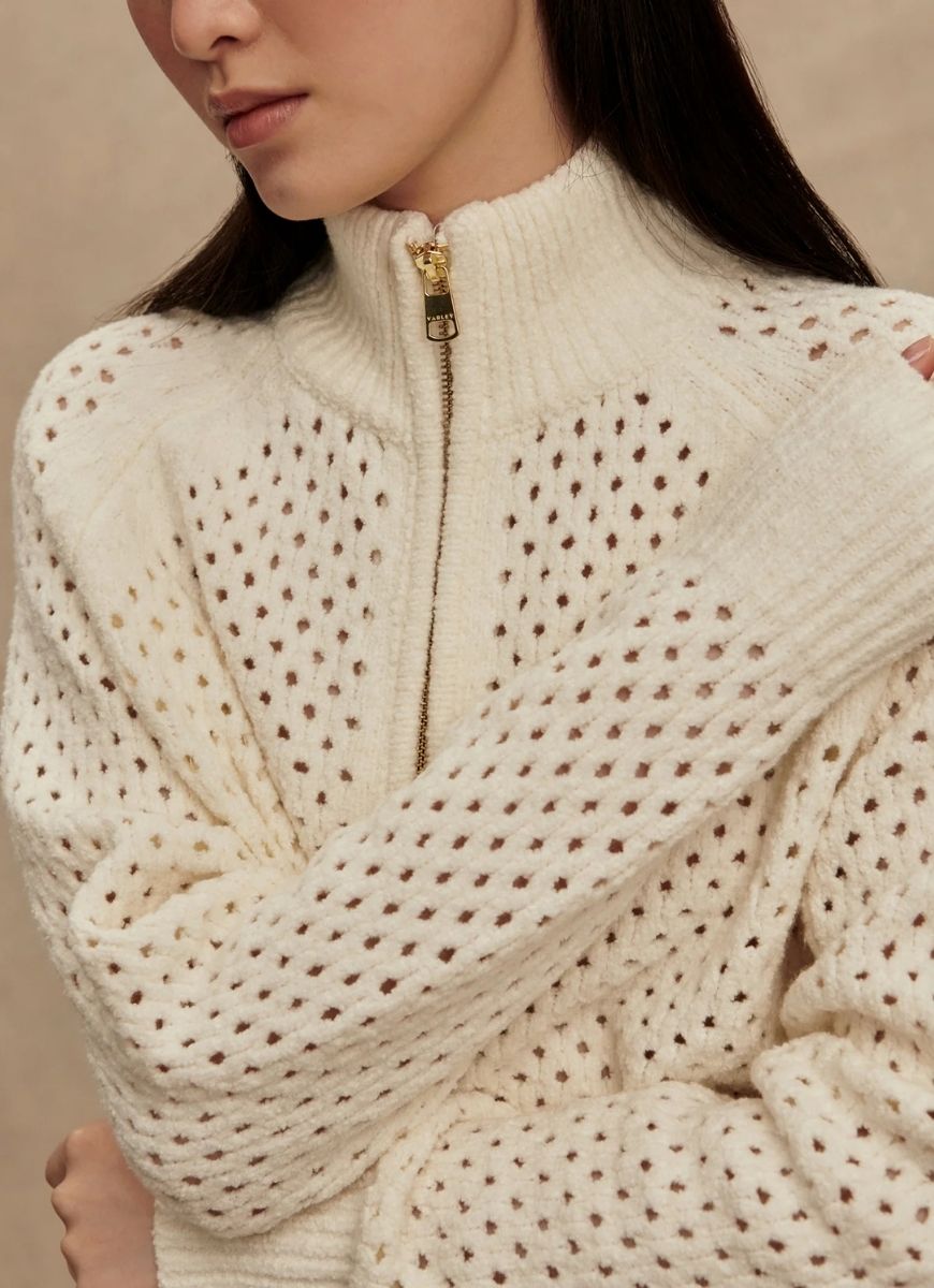 Varley Mandy Boucle Knit Jacket in Coconut Milk Close Up Front View