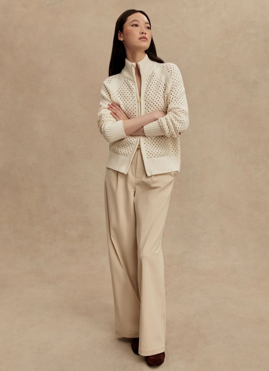 Varley Mandy Boucle Knit Jacket in Coconut Milk Full Length Front View Model With Her Arms Crossed