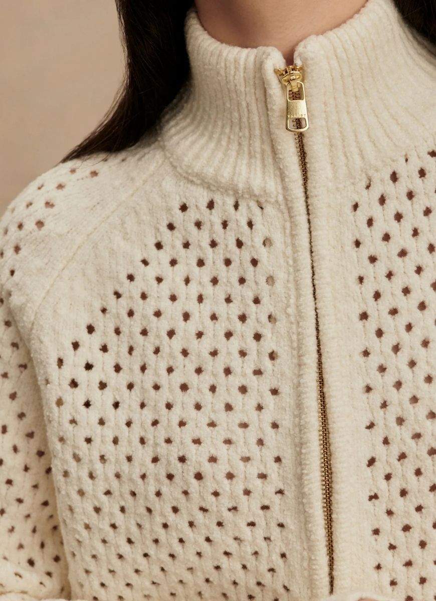 Varley Mandy Boucle Knit Jacket in Coconut Milk Close Up View of Zipper