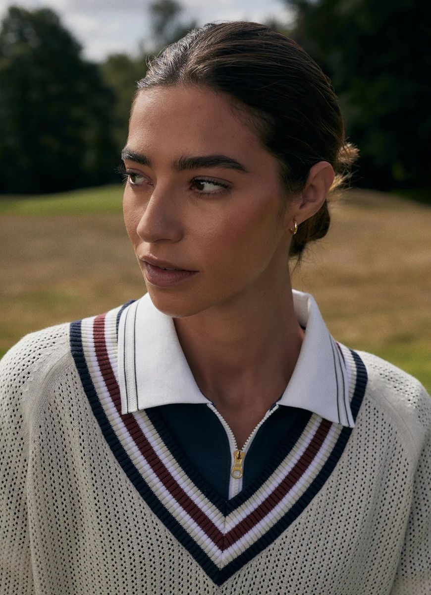 Varley Maurice V Neck Sweater in Oat Milk Close Up Front View