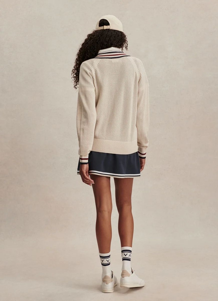 Varley Maurice V Neck Sweater in Oat Milk Full Length Back View