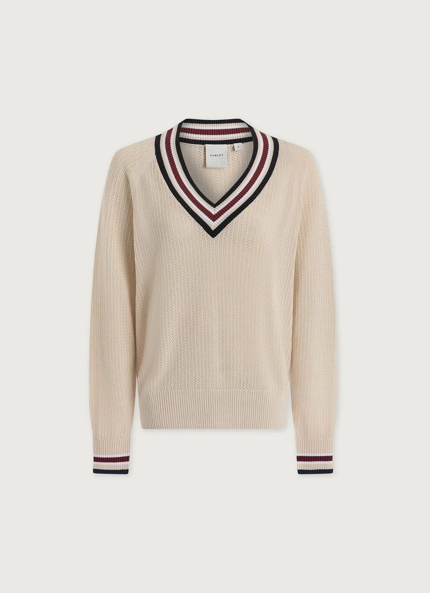 Varley Maurice V Neck Sweater in Oat Milk Product Shot View