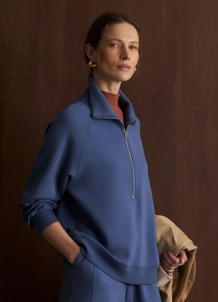 Varley Selene Half Zip Sweatshirt in Bijou Blue Angled Side View