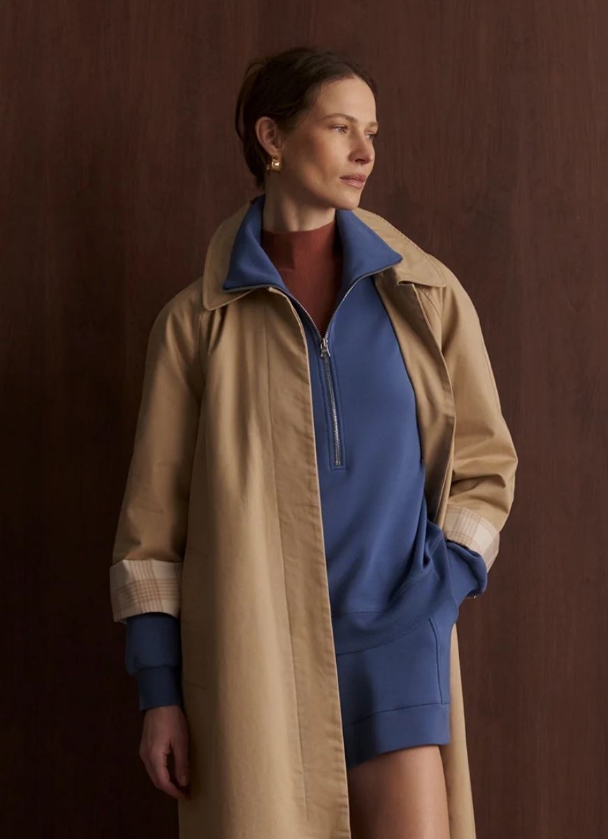 Varley Selene Half Zip Sweatshirt in Bijou Blue Front View Shown Under an Overcoat