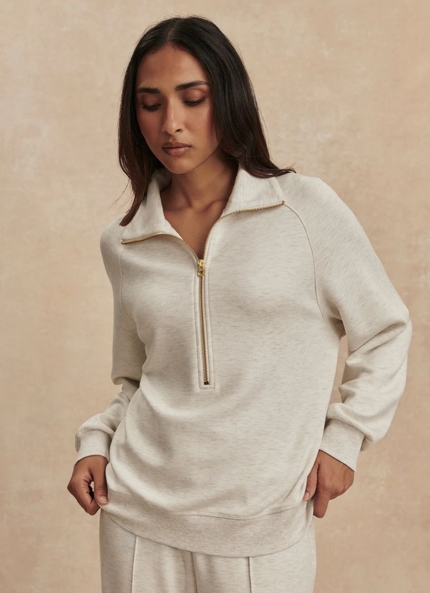 Varley Selene Half Zip Sweatshirt in Ivory Marl Front View