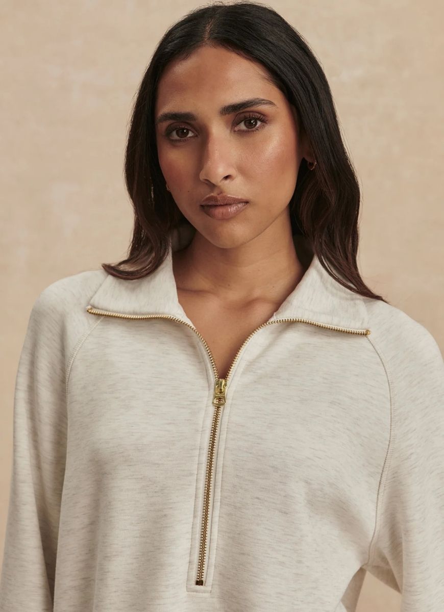 Varley Selene Half Zip Sweatshirt in Ivory Marl Close Up Front View