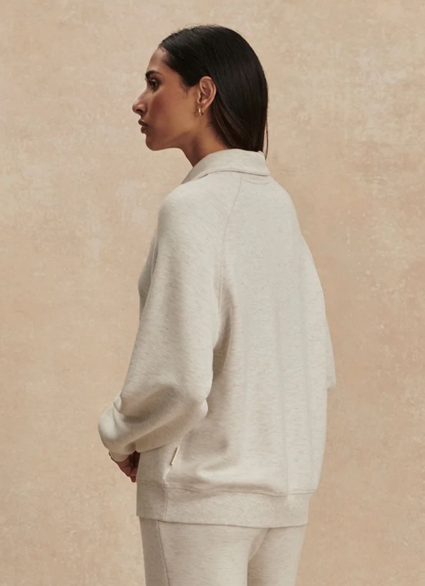 Varley Selene Half Zip Sweatshirt in Ivory Marl Angled Back and Side View