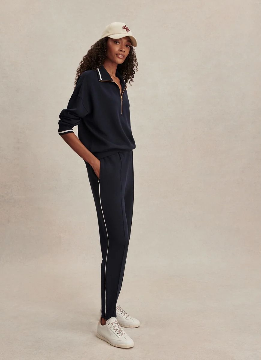 Varley The Slim Pintuck Pant 27.5” in Navy Full Length Side View