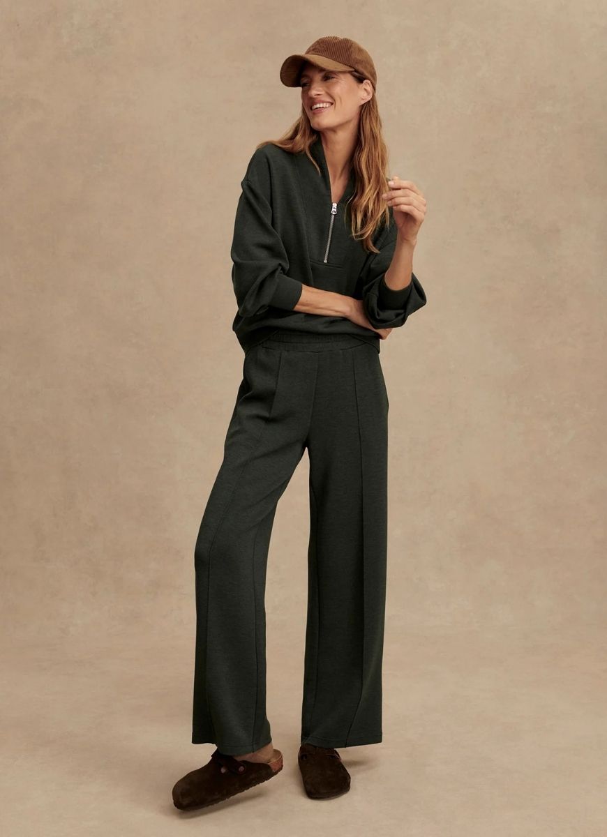 Varley The Wide Leg Pant 30” in Olive Marl Full Length Front View