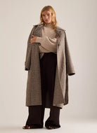 Varley Tomlinson Belted Long Coat in Deep Taupe/Sandshell Puppytooth Full Length Front View Shown Opened