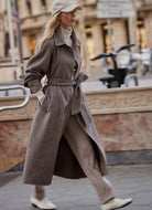 Varley Tomlinson Belted Long Coat in Deep Taupe/Sandshell Puppytooth Model Walking