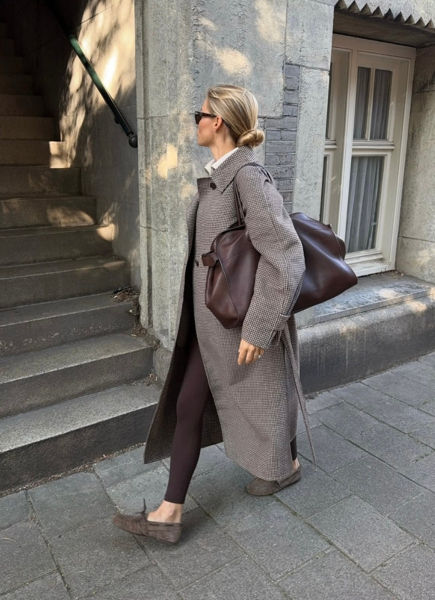 Varley Tomlinson Belted Long Coat in Deep Taupe/Sandshell Puppytooth Model Shown Walking in the City