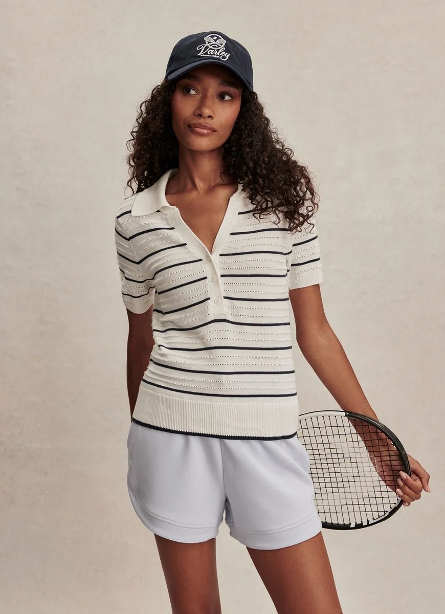 Varley Wren Knit Polo in White/Blue Nights