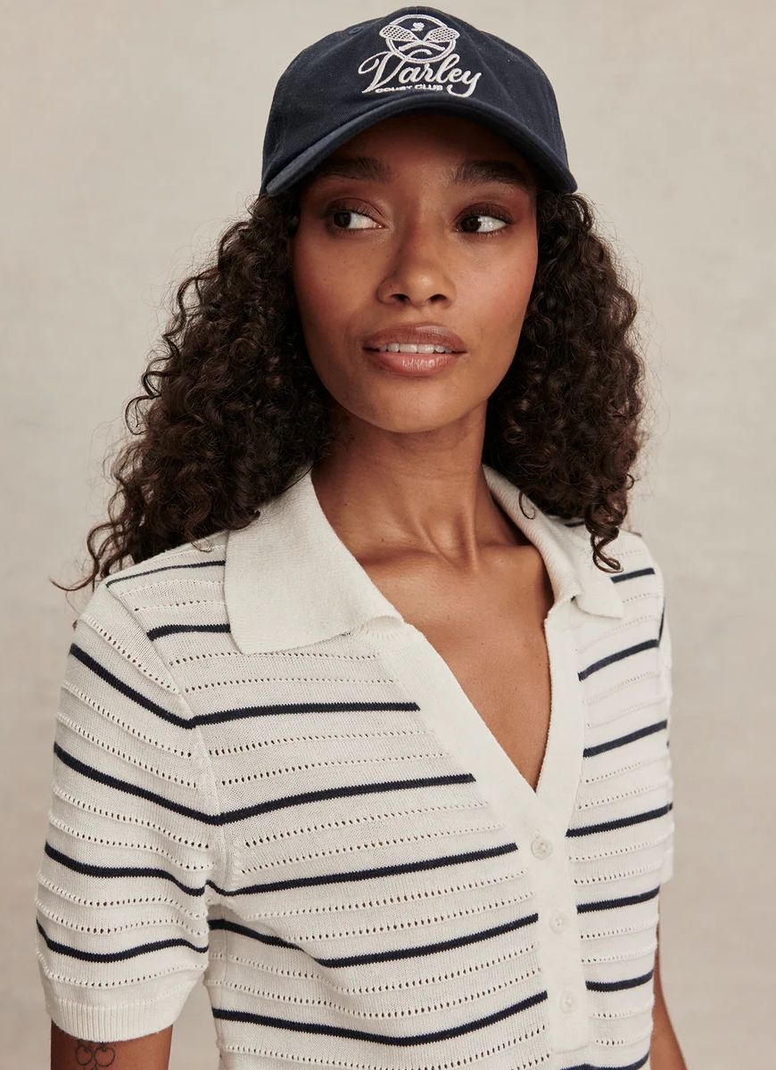 Varley Wren Knit Polo in White/Blue Nights Close Up Front View