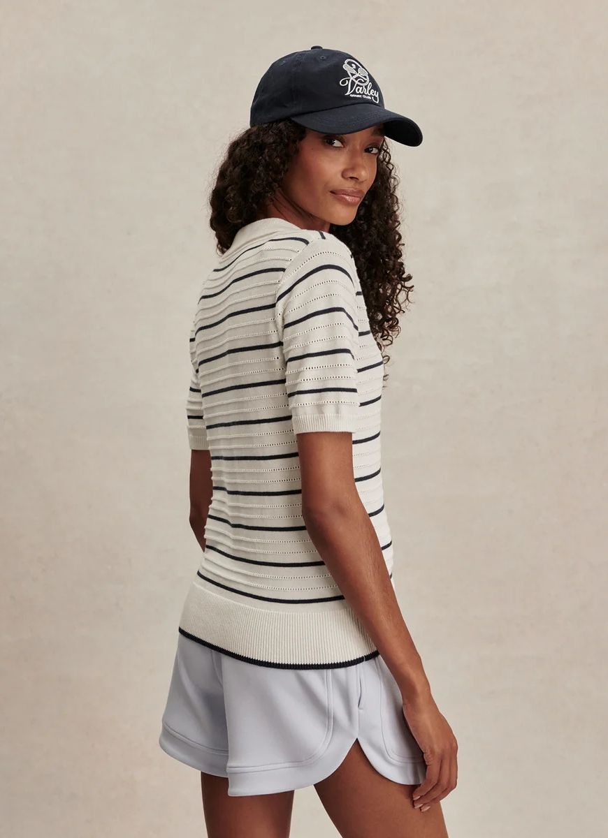 Varley Wren Knit Polo in White/Blue Nights Angled Side and Back View