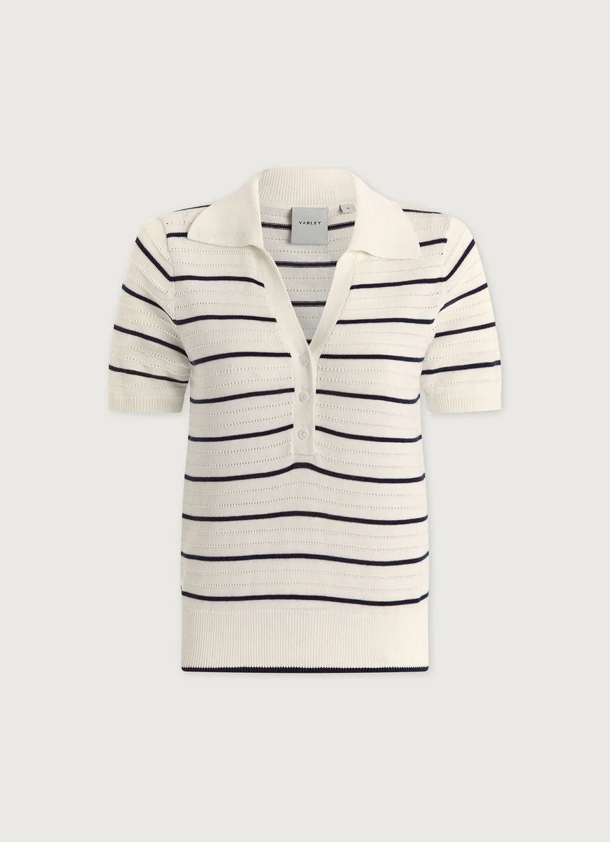 Varley Wren Knit Polo in White/Blue Nights Product Shot View