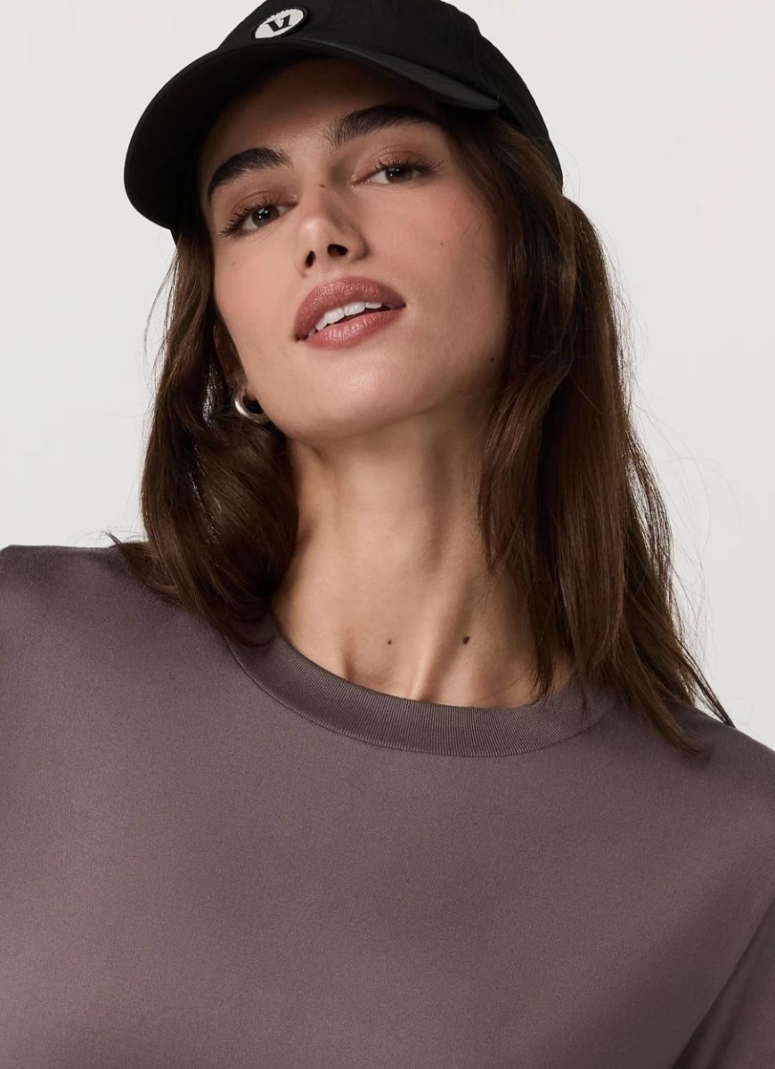 Vuori Women's Daydream Long-Sleeve Crew in Huckleberry Close Up View of Neckline