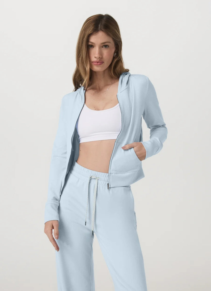 Vuori Halo Mini Full Zip Hoodie in Soft Sky Heather Front View Shown Unzipped