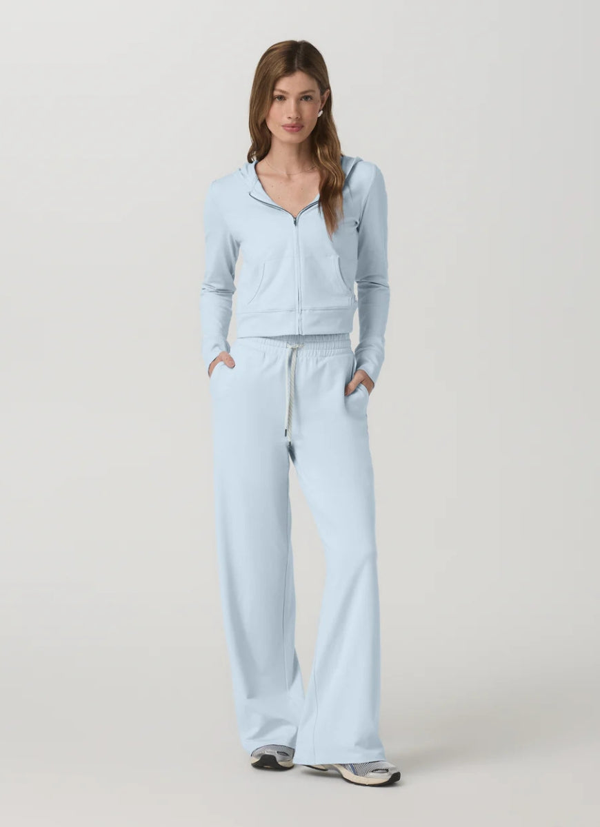 Vuori Halo Mini Full Zip Hoodie in Soft Sky Heather Full Length Front View Zipped Up