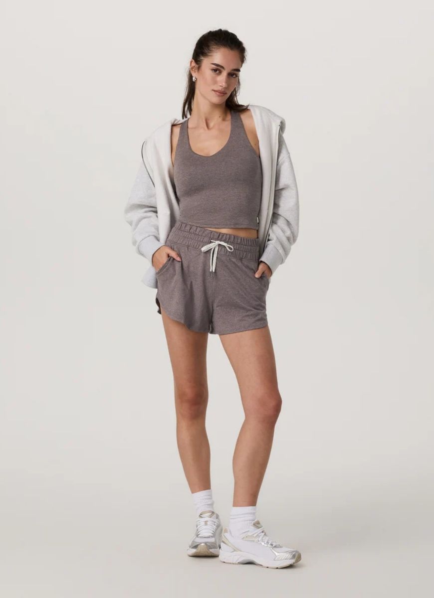 Vuori Halo Performance Crop 2.0 in Huckleberry Heather Full Length Front View