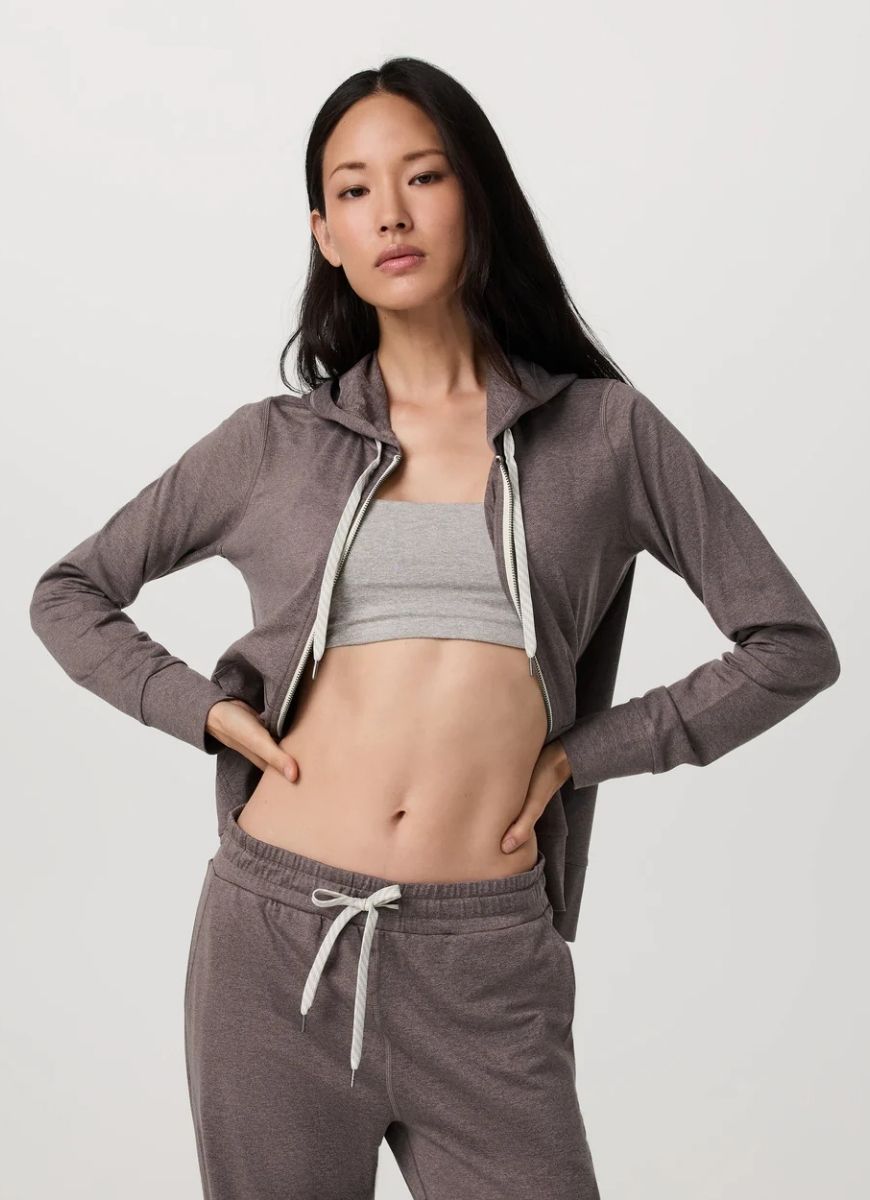 Vuori Women's Halo Performance Hoodie 2.0 in Huckleberry Heather Front View Unzipped