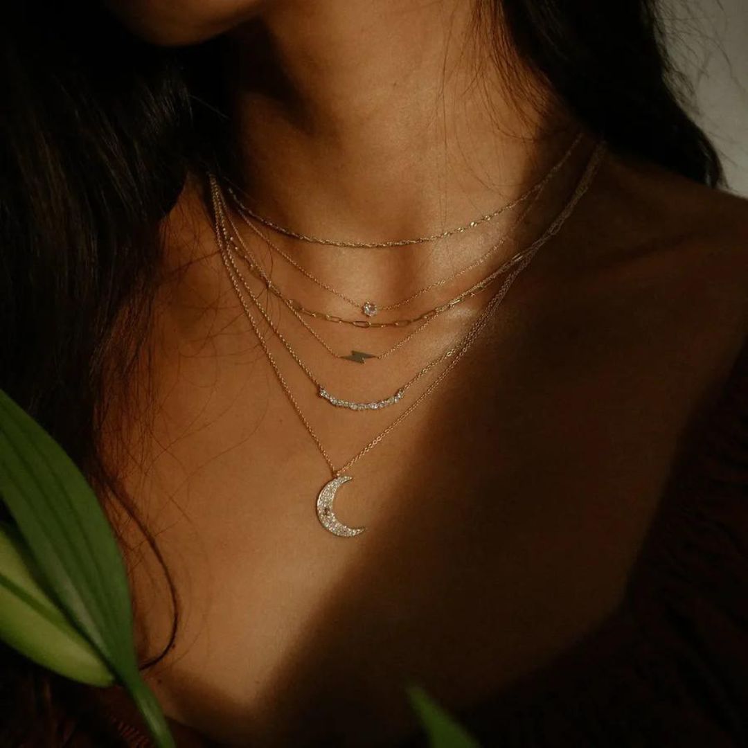 bluboho Everyday Little Lightning Bolt Necklace in 14K Gold Shown on Models Neck