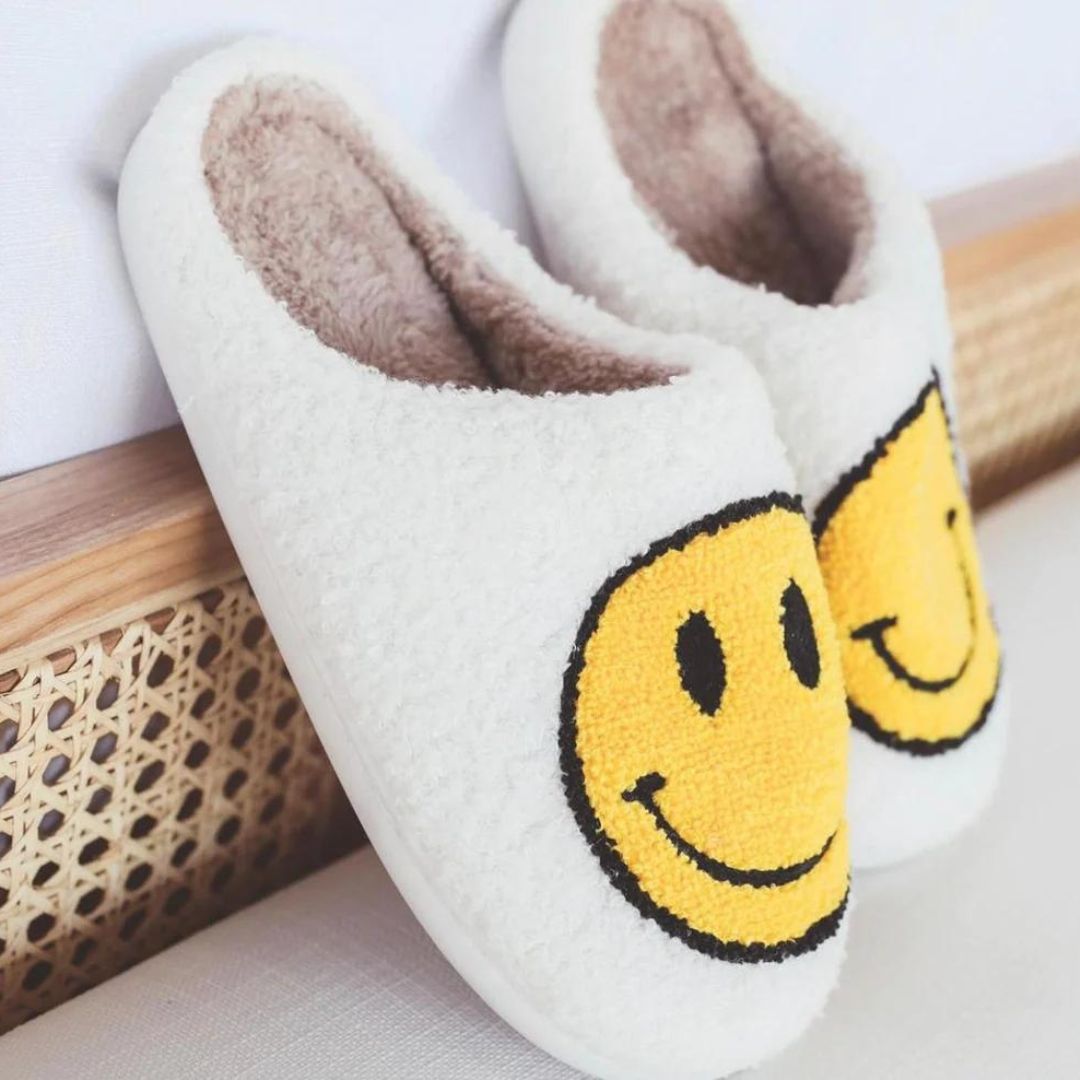 Women's Yellow Smiley Face Slippers Side View