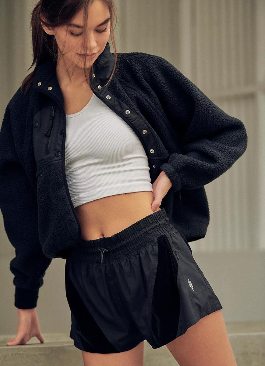 Free People Hit The Slopes Women's Jacket in Black Alternate Model with Jacket Unzipped