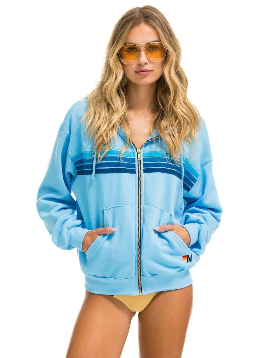 Aviator Nation 5 Stripe Relaxed Zip Hoodie in Sky Blue Front View
