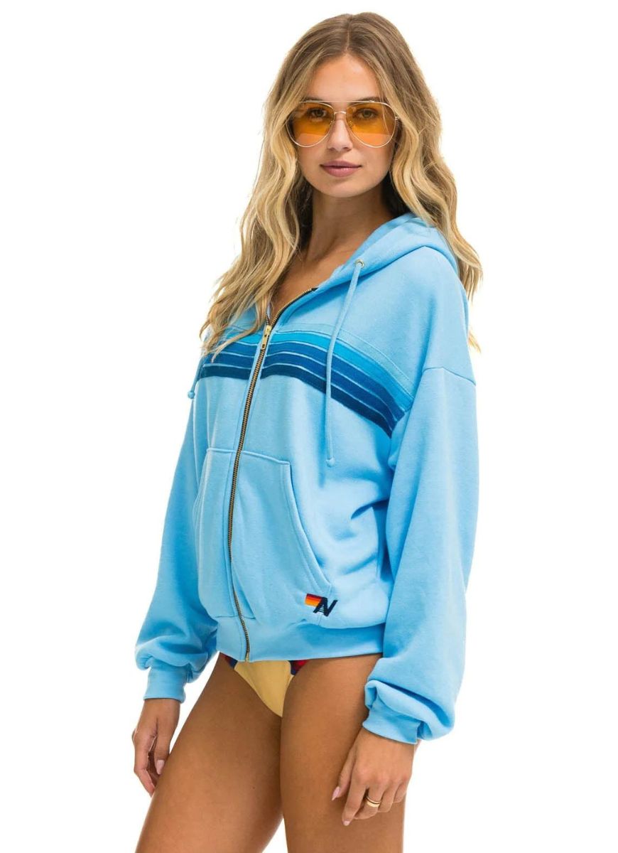 Aviator Nation 5 Stripe Relaxed Zip Hoodie in Sky Blue Side View