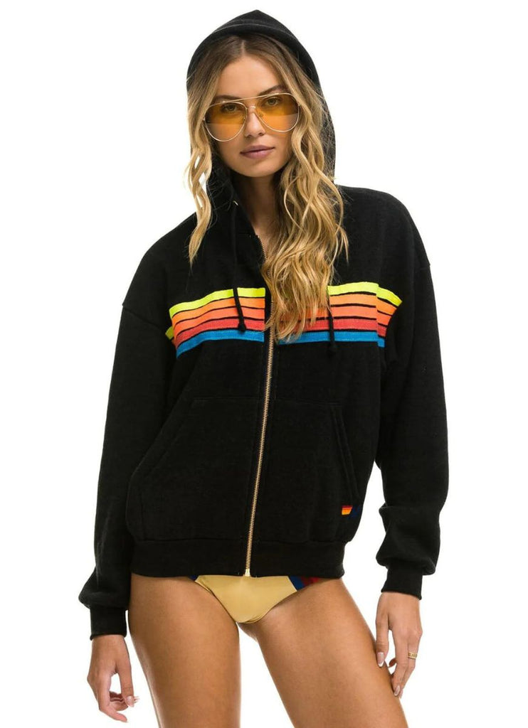 Aviator Nation Women's 5 Stripe Zip Hoodie in Black with Neon Rainbow Stripes Alternate Front View with Hood Up