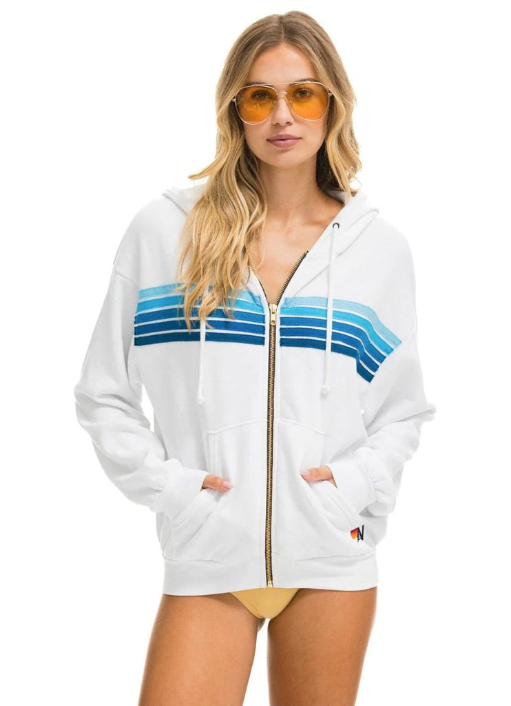 Aviator Nation 5 Stripe Relaxed Zip Hoodie in White with Blue Stripes