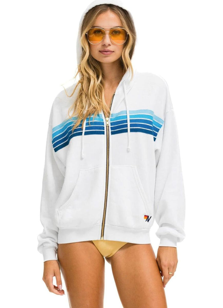 Aviator Nation 5 Stripe Relaxed Zip Hoodie in White with Blue Stripes Front View