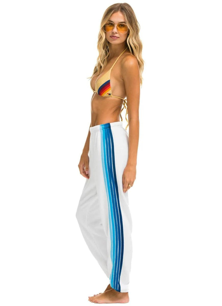 Aviator Nation 5 Stripe Women’s Sweatpants in White with Blue Stripes